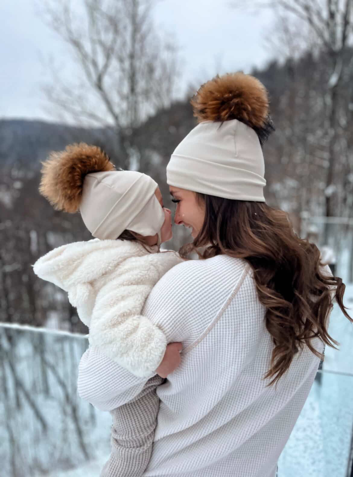 Duo Tuques Doublées Coton Bio Pompon Interchangeable ''Beige''