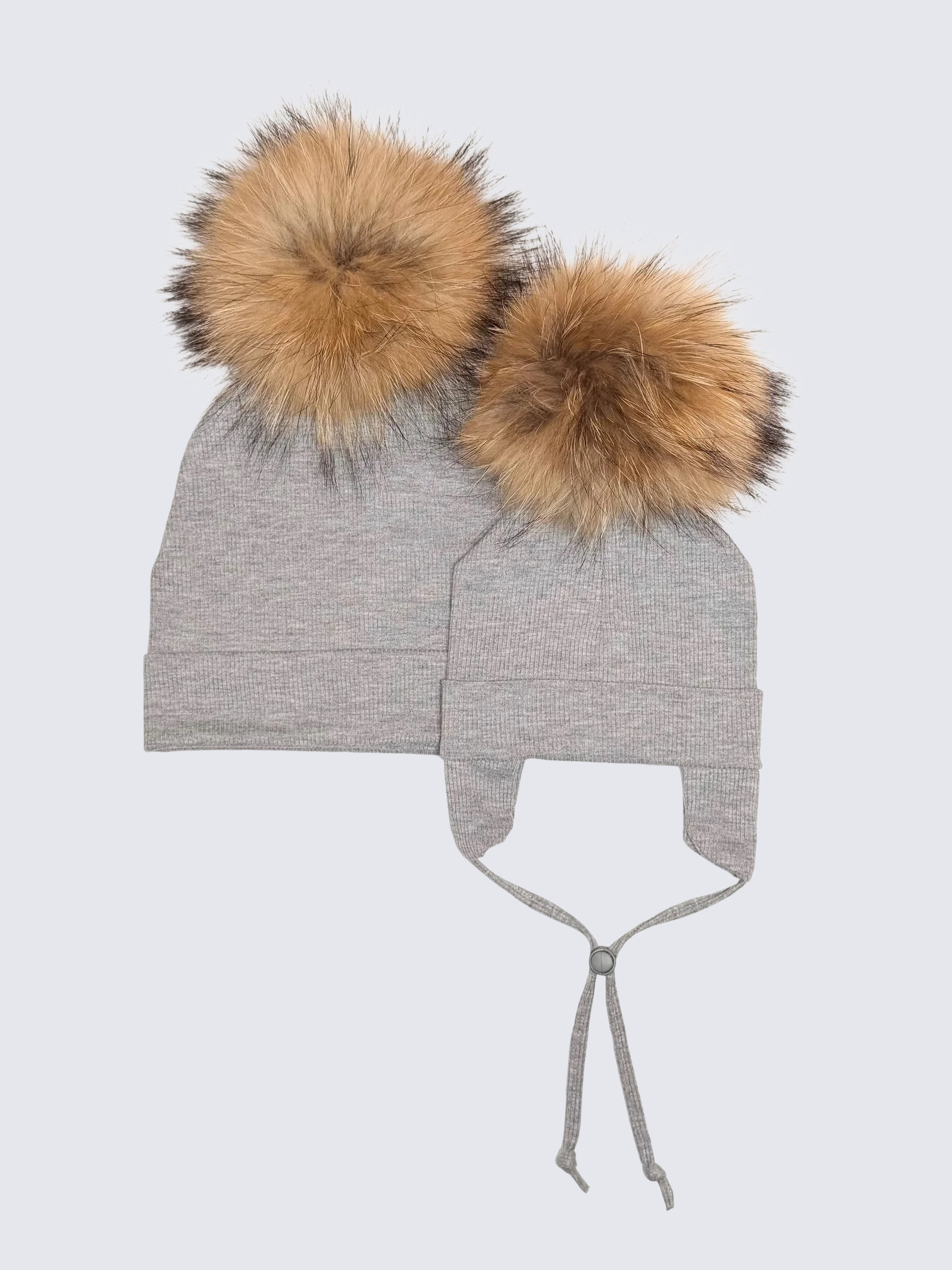 Duo Tuques Doublées Coton Bio Pompon Interchangeable ''Gris''