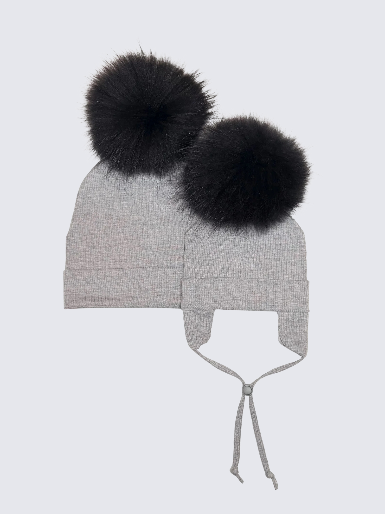 Duo Tuques Doublées Coton Bio Pompon Interchangeable ''Gris''
