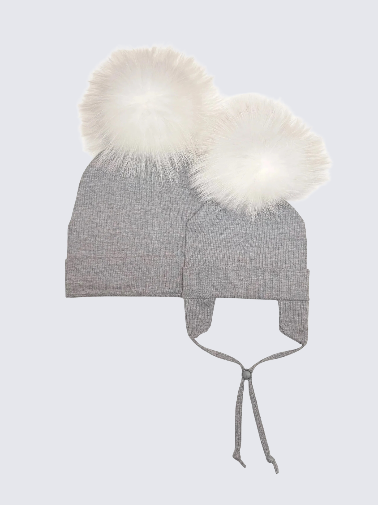 Duo Tuques Doublées Coton Bio Pompon Interchangeable ''Gris''
