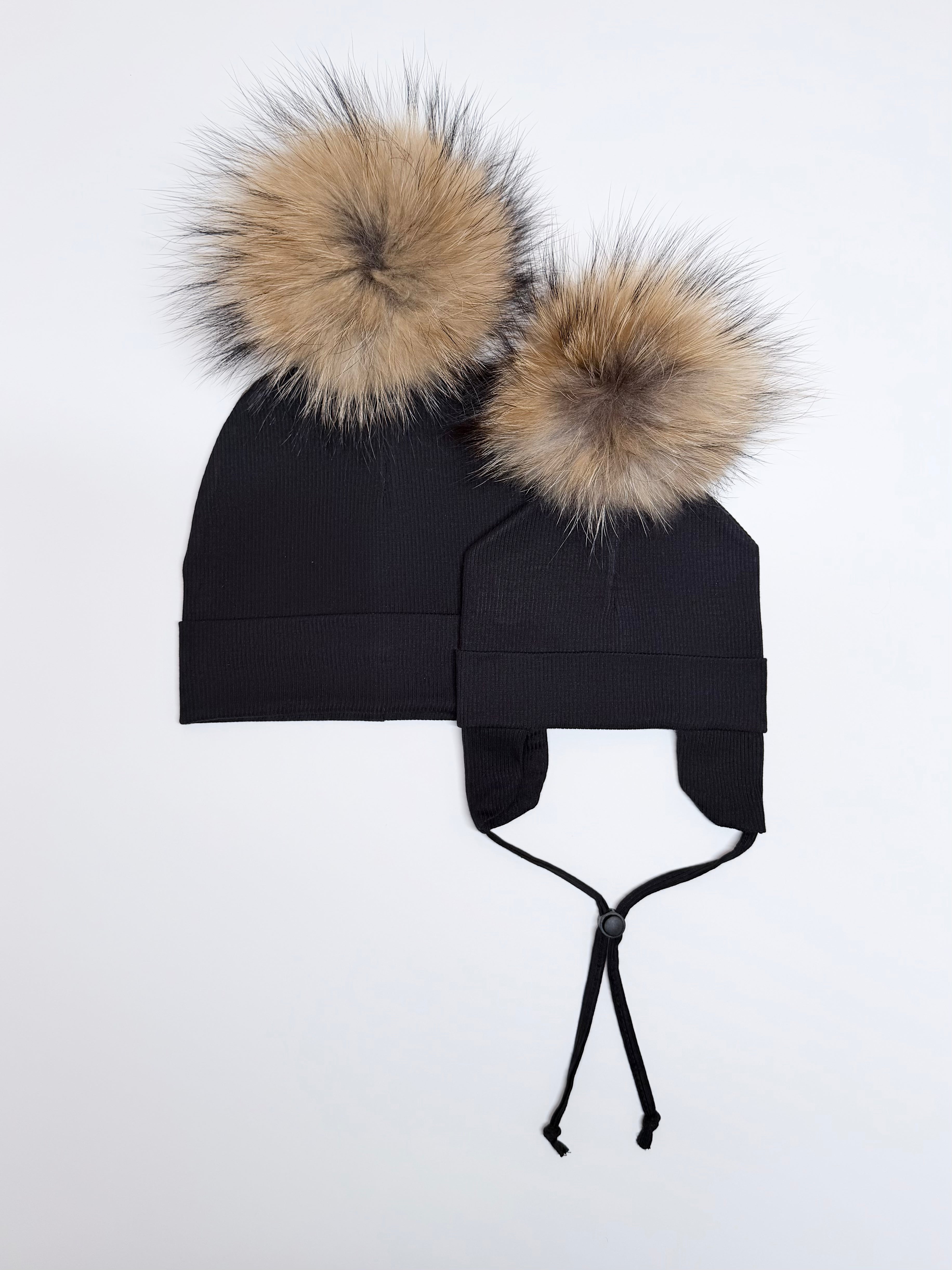 Duo Tuques Doublées Coton Bio Pompon Interchangeable ''Noir''