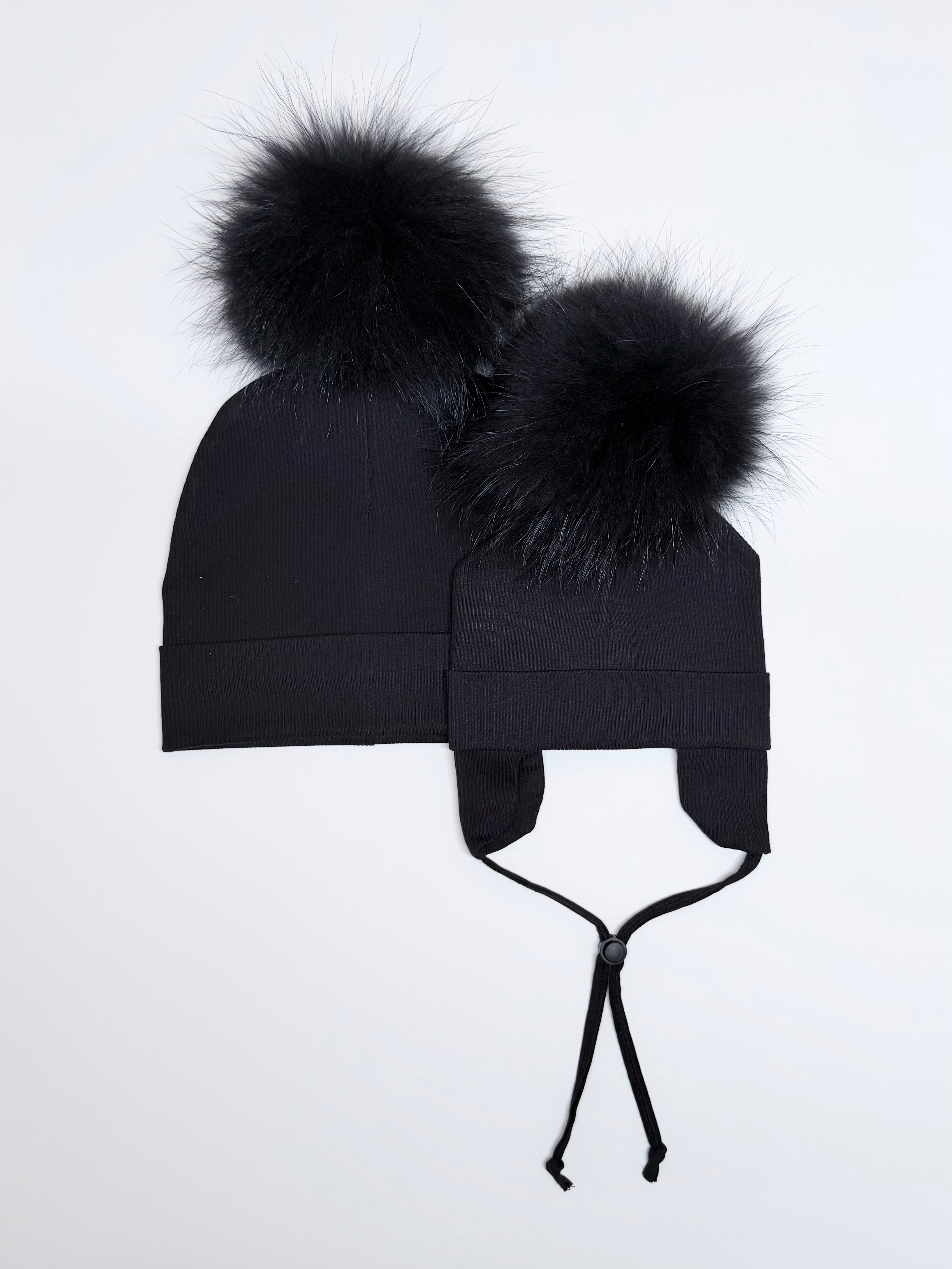 Duo Tuques Doublées Coton Bio Pompon Interchangeable ''Noir''