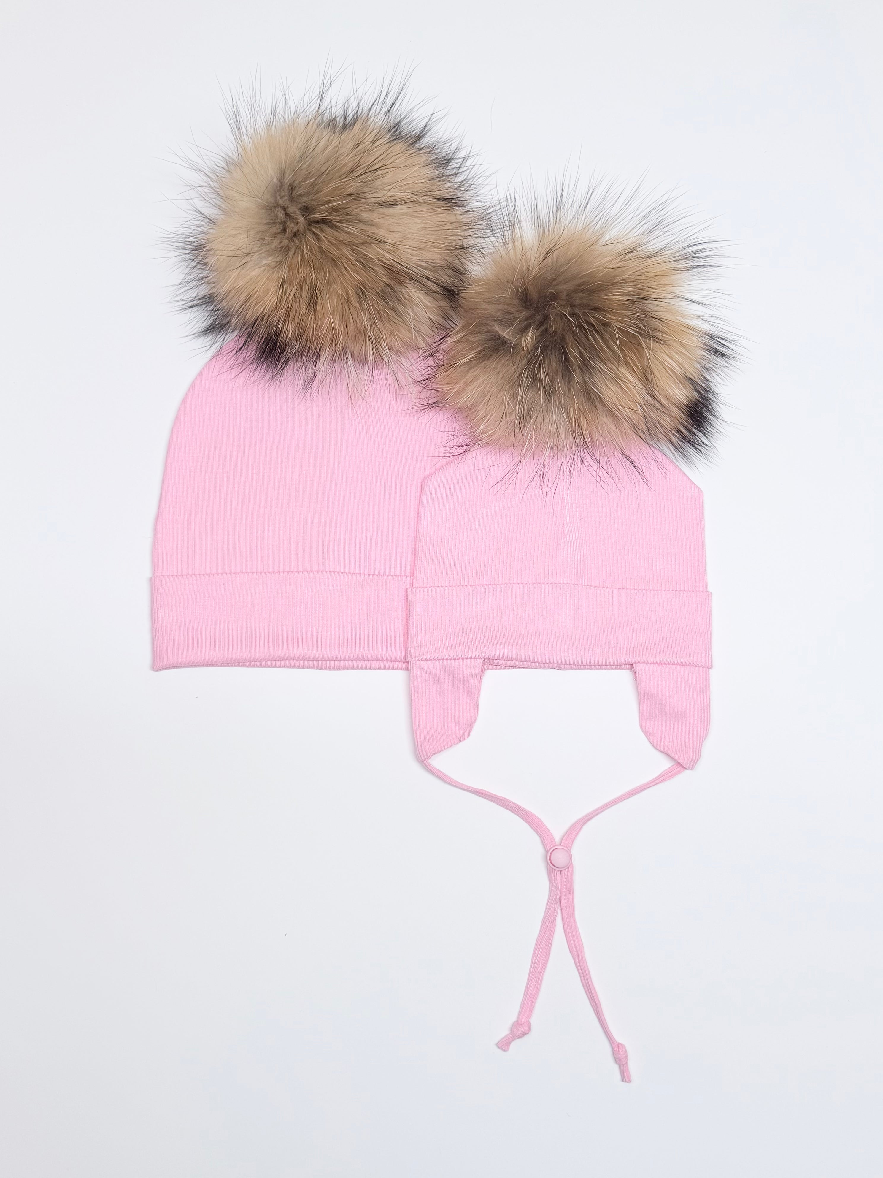 Duo Tuques Doublées Coton Bio Pompon Interchangeable ''Rose''