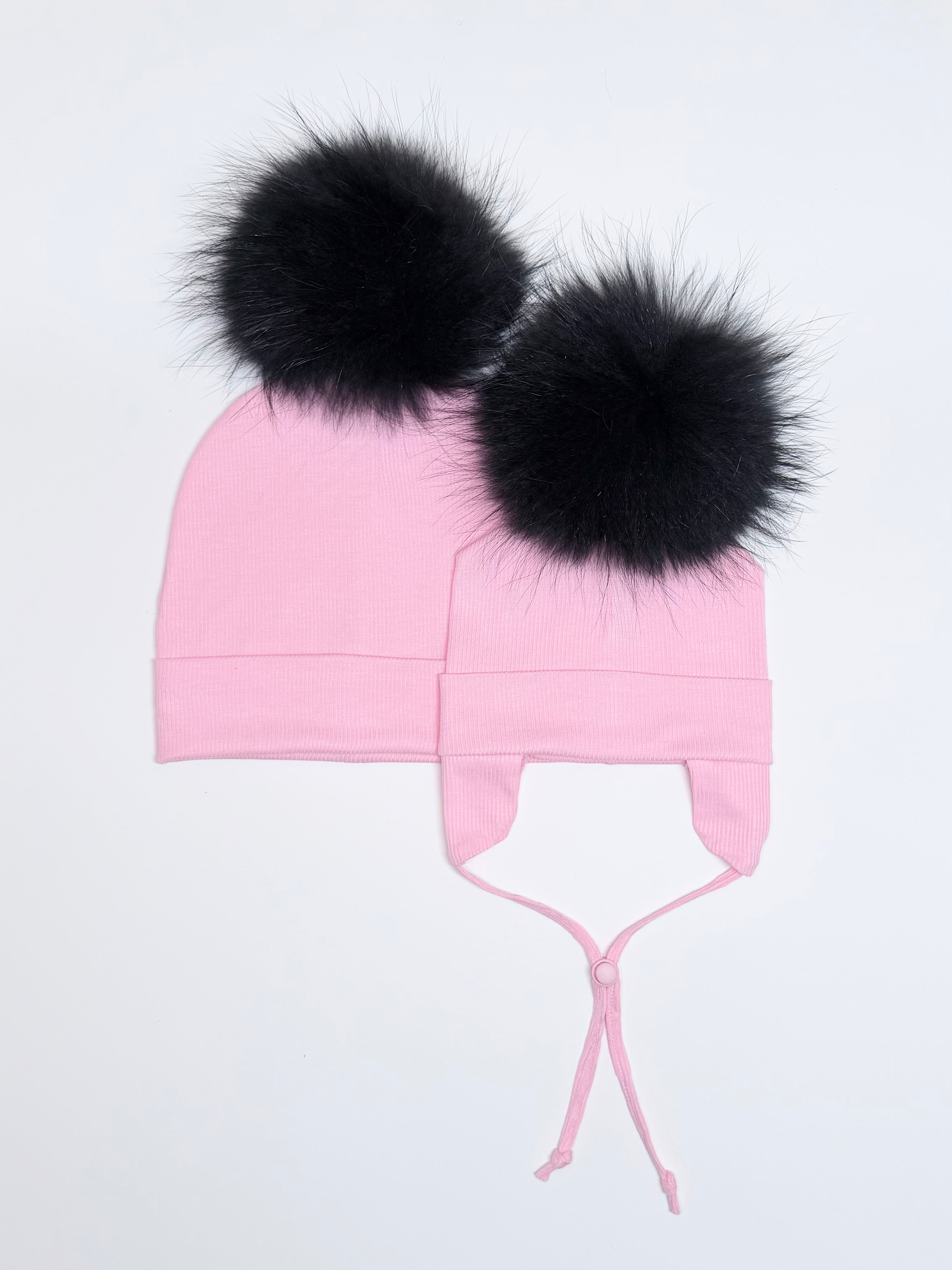 Duo Tuques Doublées Coton Bio Pompon Interchangeable ''Rose''