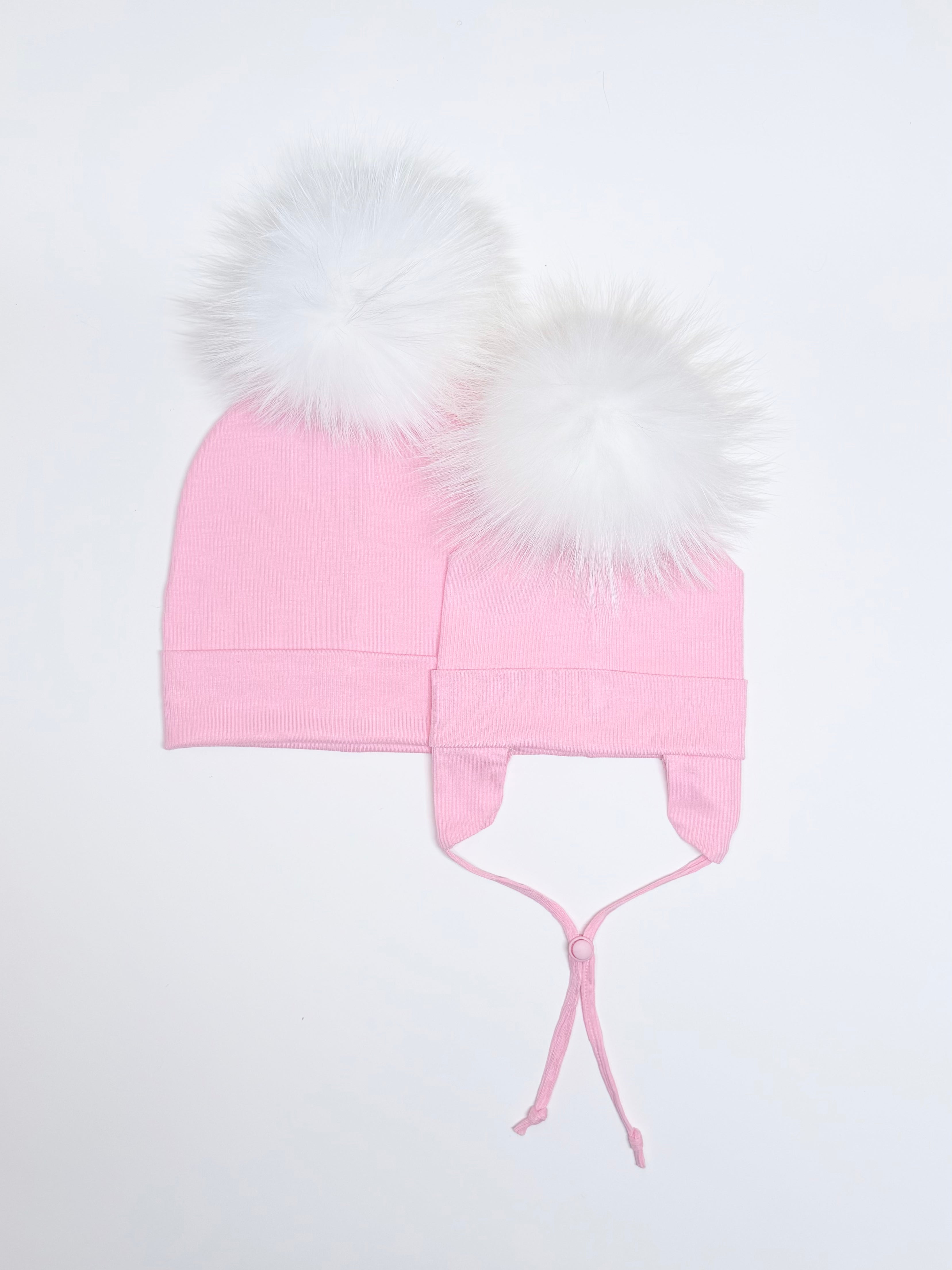 Duo Tuques Doublées Coton Bio Pompon Interchangeable ''Rose''