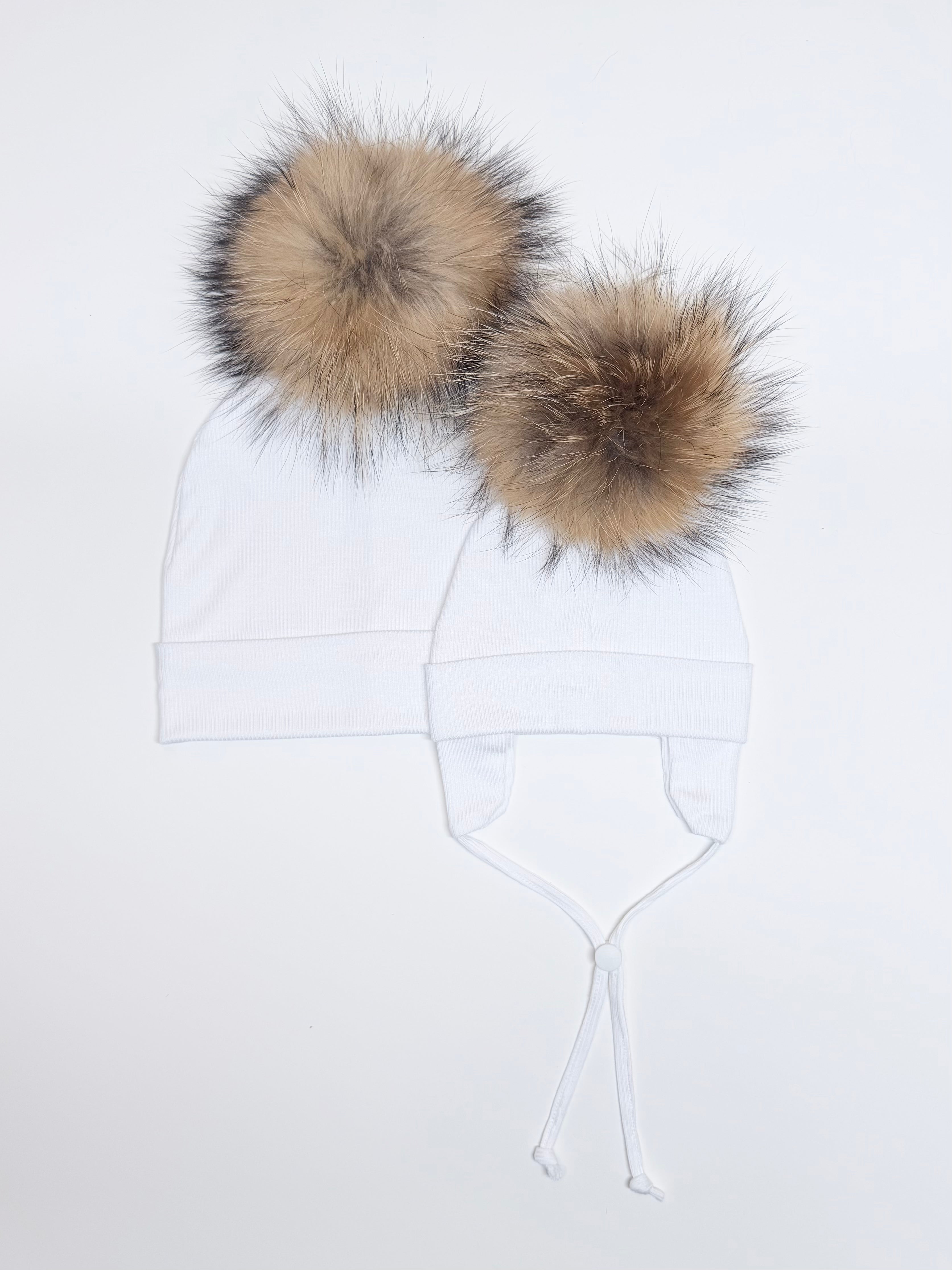 Duo Tuques Doublées Coton Bio Pompon Interchangeable ''Blanc''