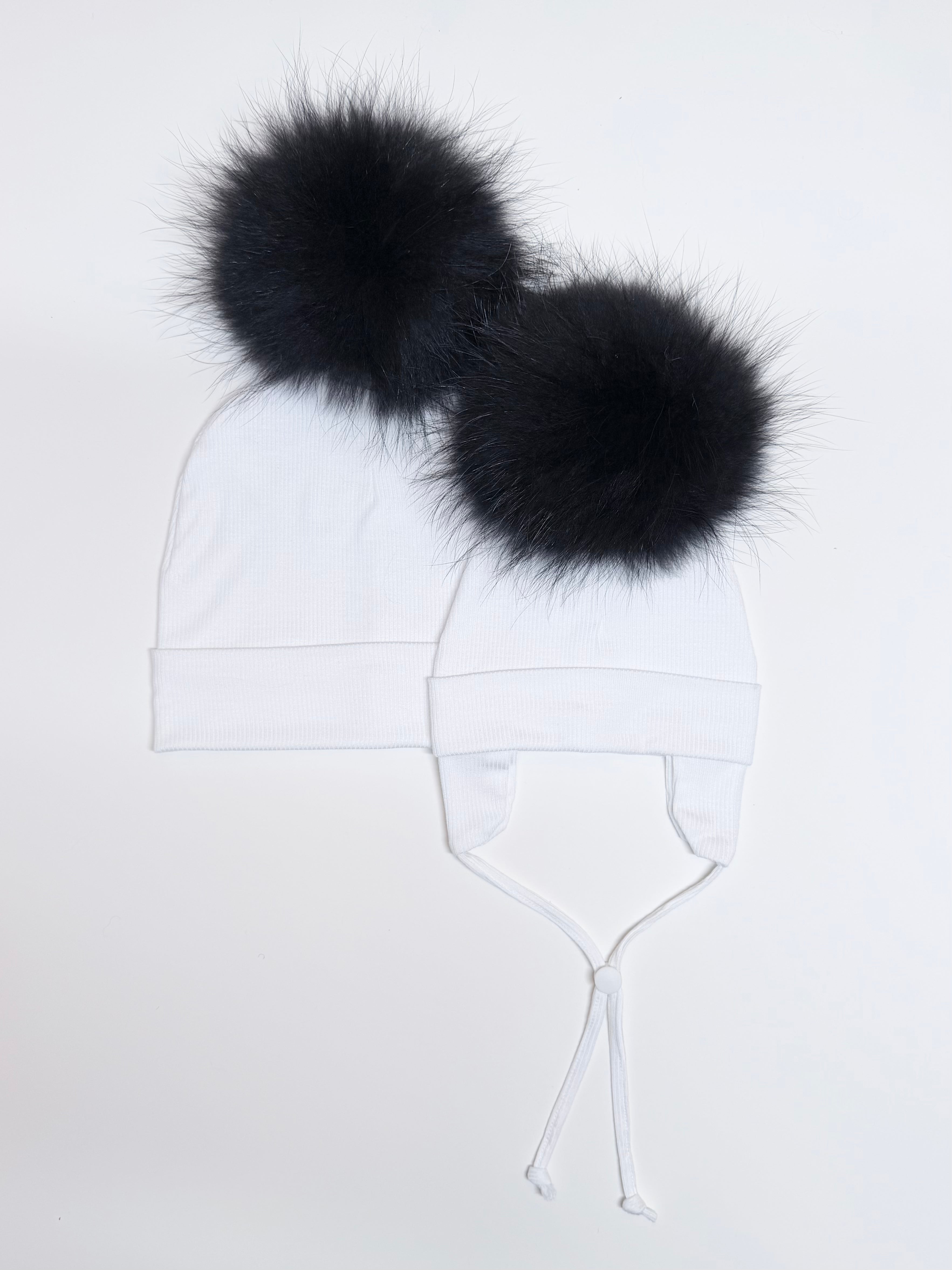 Duo Tuques Doublées Coton Bio Pompon Interchangeable ''Blanc''