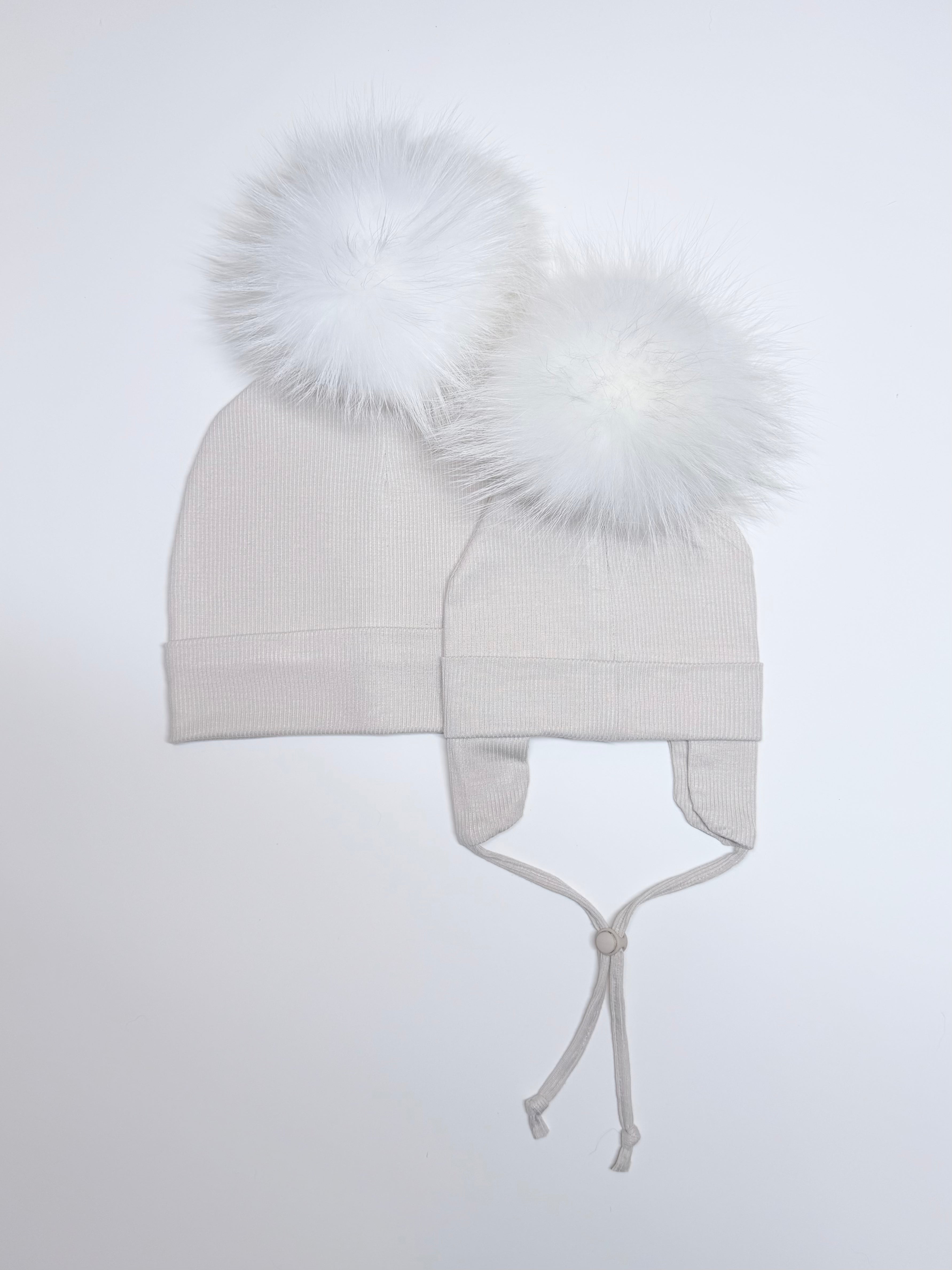 Duo Tuques Doublées Coton Bio Pompon Interchangeable ''Beige''