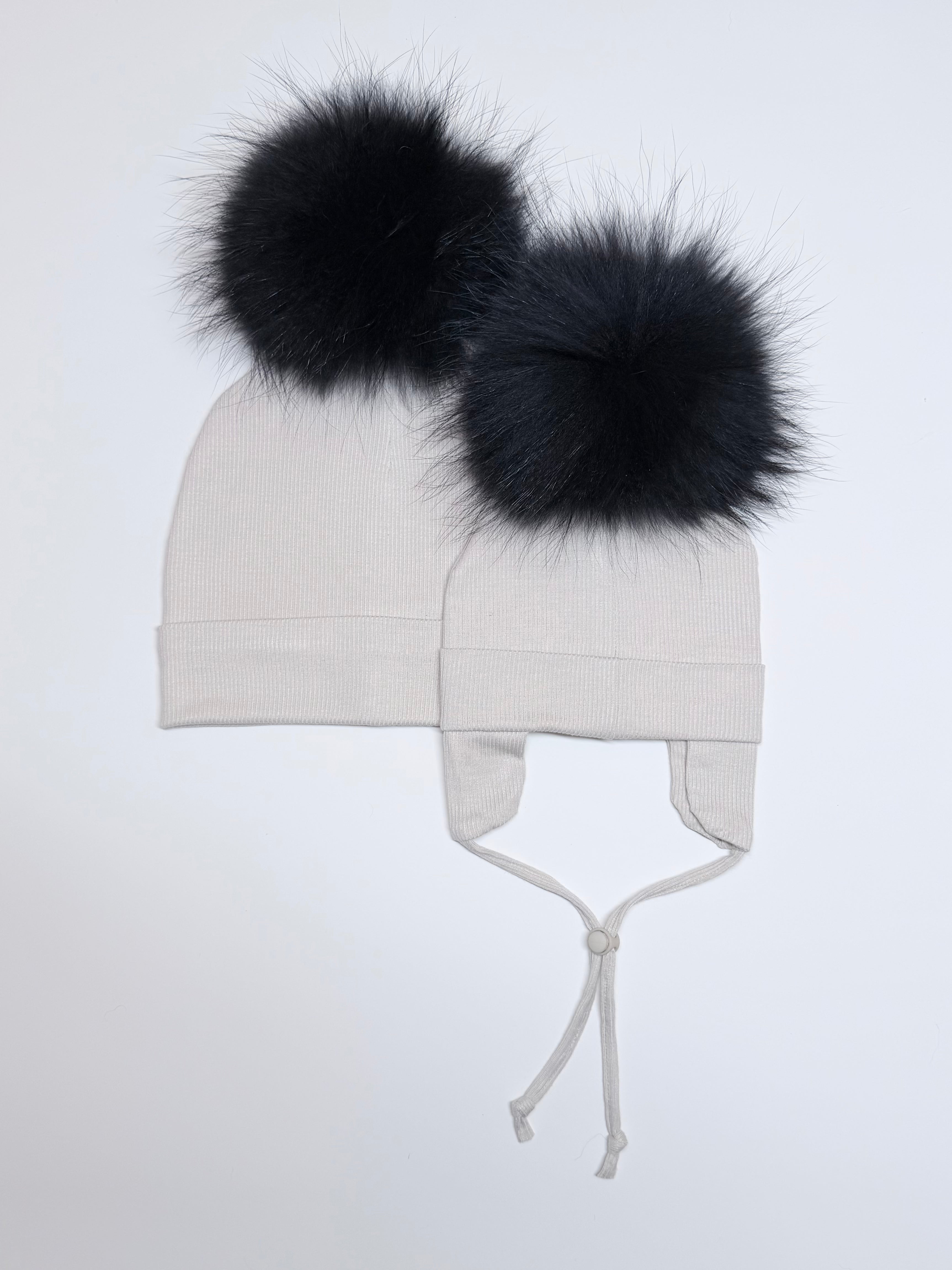 Duo Tuques Doublées Coton Bio Pompon Interchangeable ''Beige''