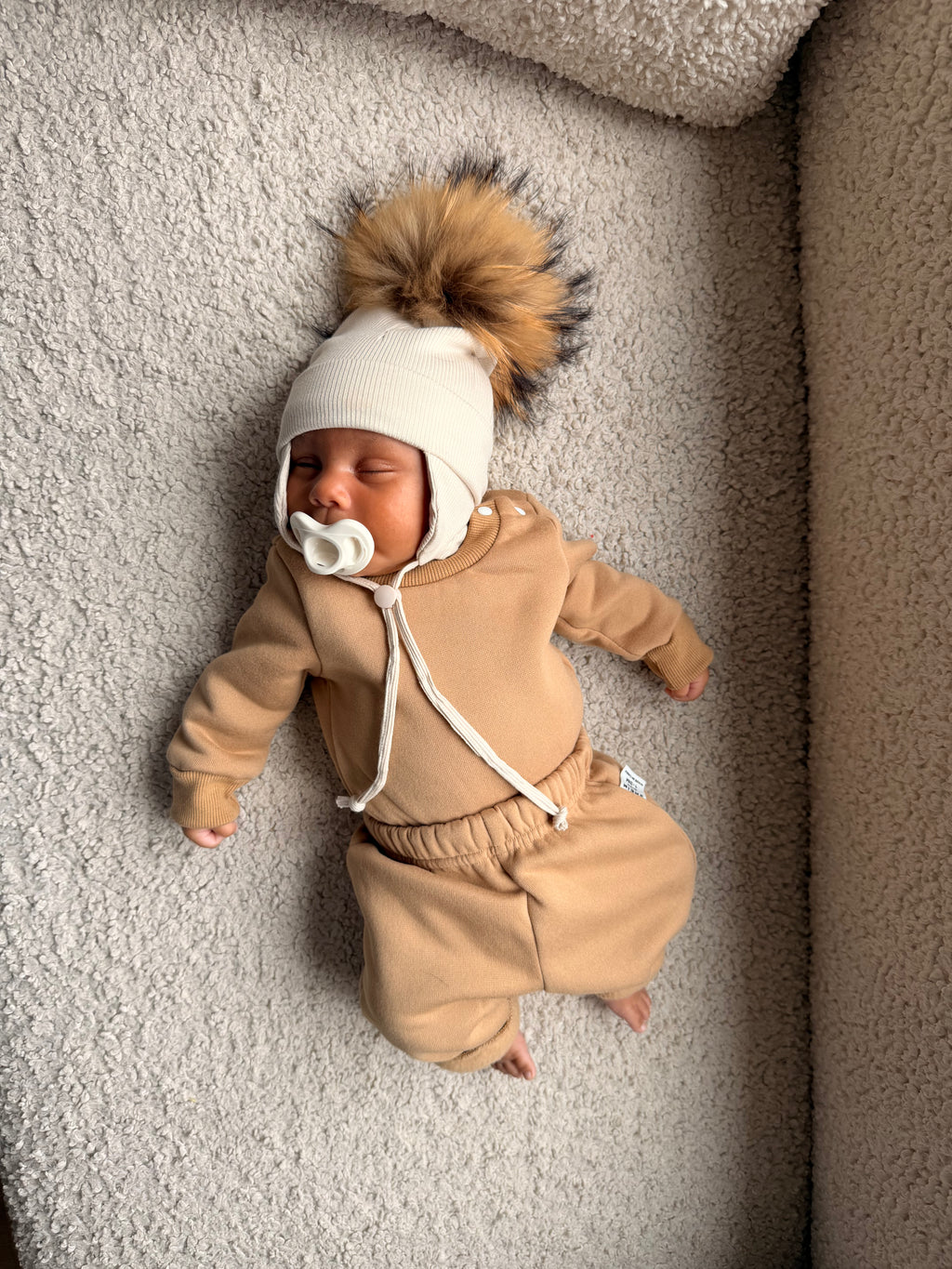 Double-Layer Organic Cotton Beanie Interchangeable Pom Newborn ''Beige''