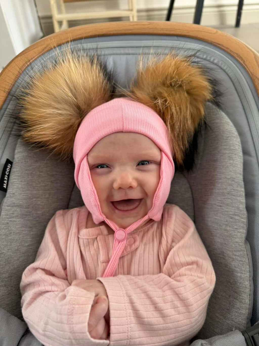 Tuque Doublée Coton Bio Ourson Pompons Interchangeables Bébé 6-24M ''Rose''